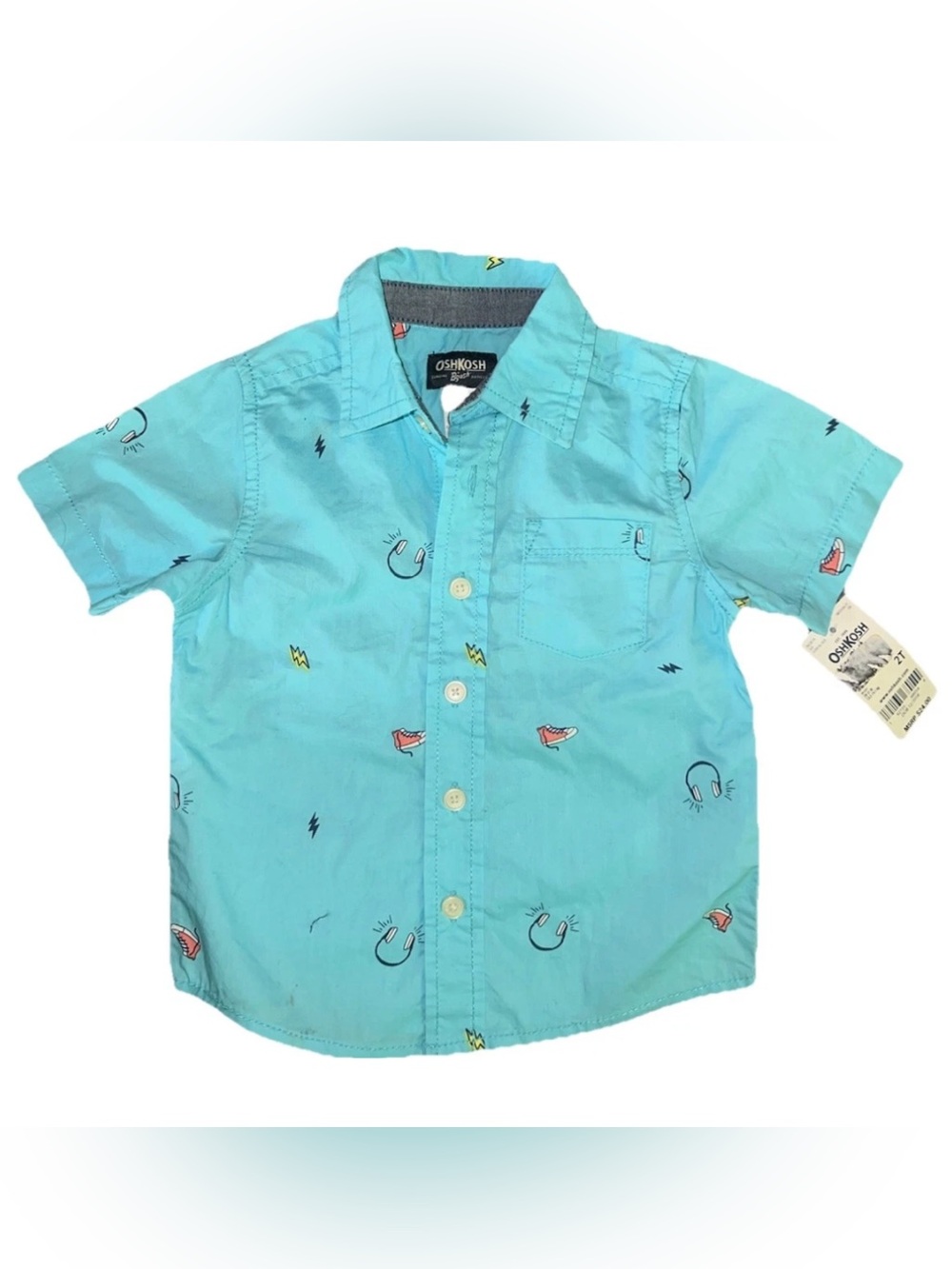 OshKosh B'gosh NWT Boys Short Sleeve Doodle Button Front Shirt 2T Blue